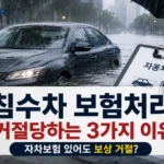 폭우에 잠긴 차량과 침수차 보험처리 안내를 보여주는 이미지