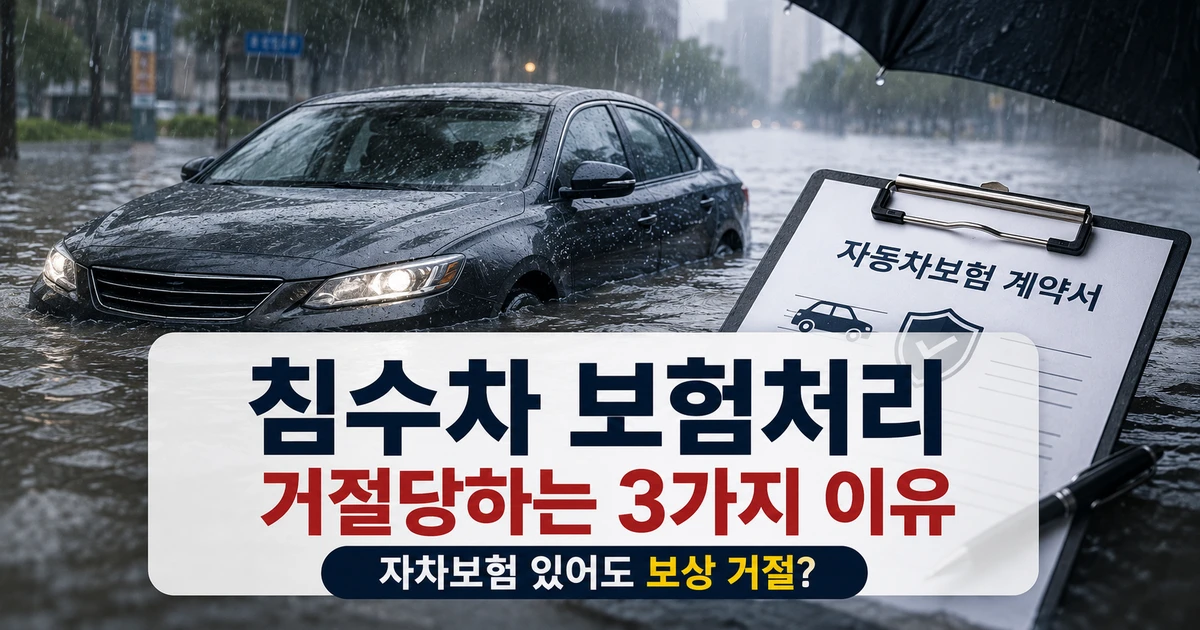 폭우에 잠긴 차량과 침수차 보험처리 안내를 보여주는 이미지